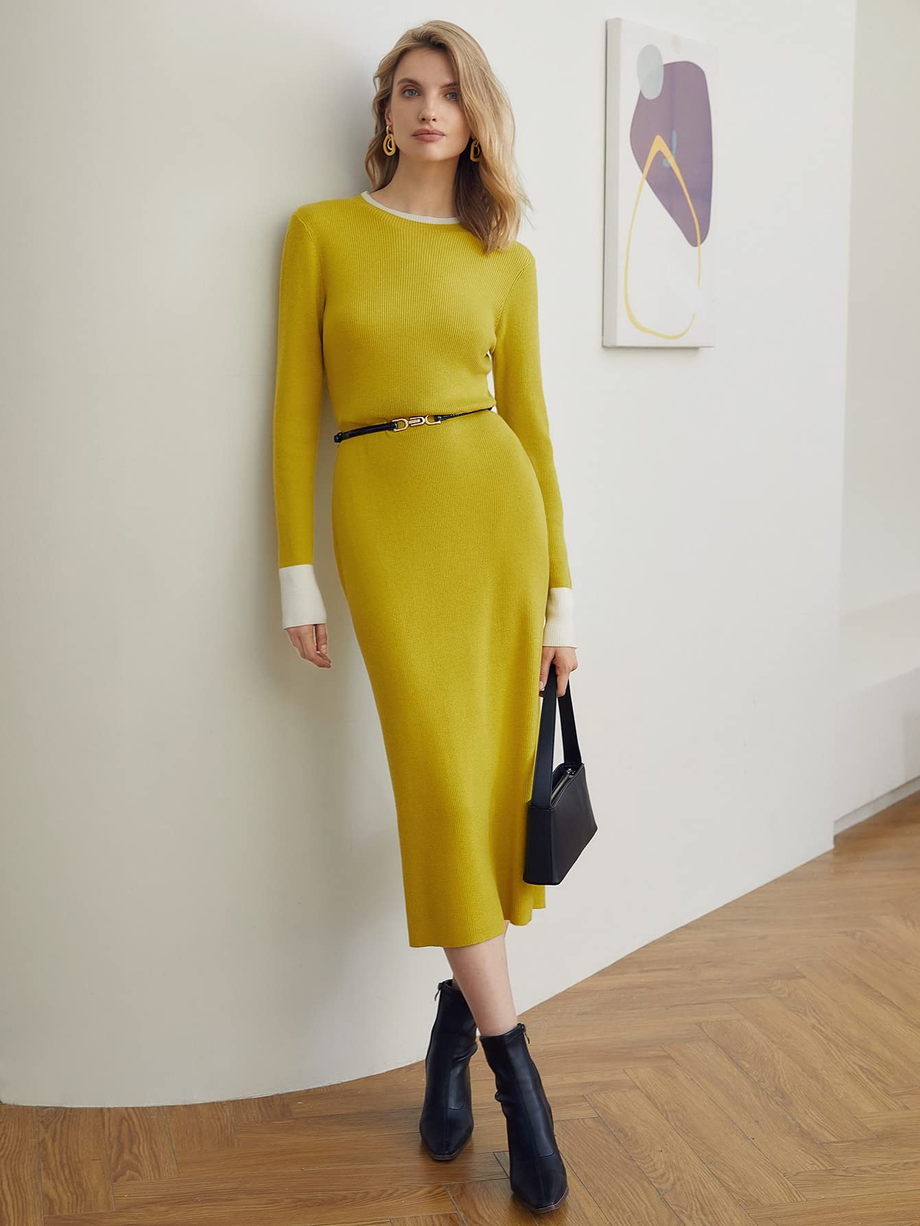 Amazon.com: Counyball Premium Wool Mix Fitted Sweater Dress Without Belt  Long Knit Dress Over The Knee for Women (Color : Mustard Yellow, Size : L.)  : ,
