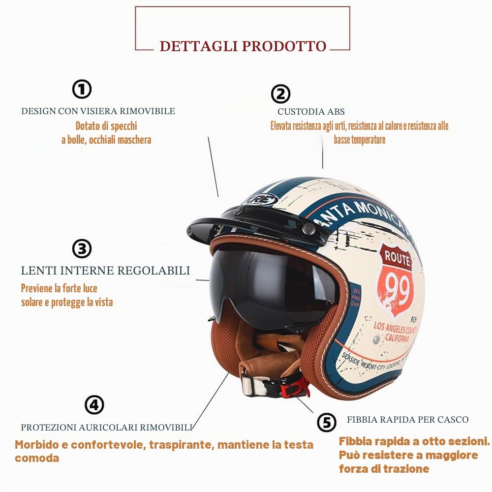 Vintage Casco Demi-Jet con Visiera, Casco Moto Aperto, 3/4 Retrò Moto Mezzo Cascos con Omologato ECE, Casco Scooter Universale Uomo e Donna (55CM~62CM)