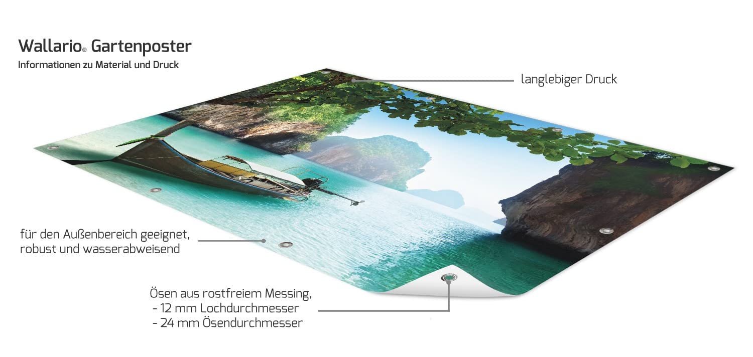 Wallario Outdoor-Poster für Garten oder Balkon Fischerboot in Thailand blaues Meer und Steinfelsen, Motivbanner Größe: ca. 100 x 150 cm, Outdoor-Bild