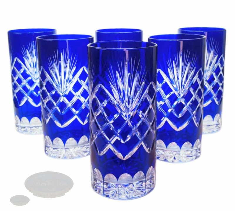 MaRika Kryształowe szklanki do wody i szklanki do picia 320 ml – kobalt, ręcznie zdobione eleganckie szkło – zestaw 6 sztuk w opakowaniu prezentowym, idealne na co dzień i jako prezent