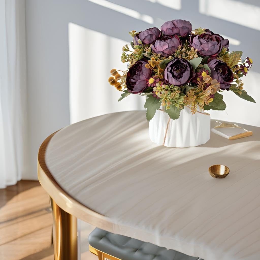 Hbluefat Faux Flowers with Vase,Artificial Silk Flowers in Ceramic Vase,Small Fake Flower Arrangement for Home Office Kitchen Bathroom Coffee Dining Table Centerpiece Decor (Dark Purple,Chrysanthemum)