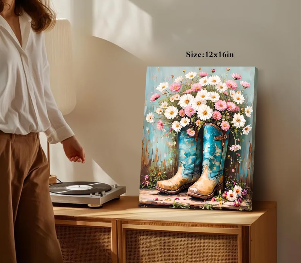 Floral Cowgirl Boots Wall Art Blue Cowboy Boots with Flower Painting Western Aesthetic Canvas Prints Poster Trendy Preppy Girls Room Decor Picture for Living Room Bedroom Dorm(12”x16”Framed)