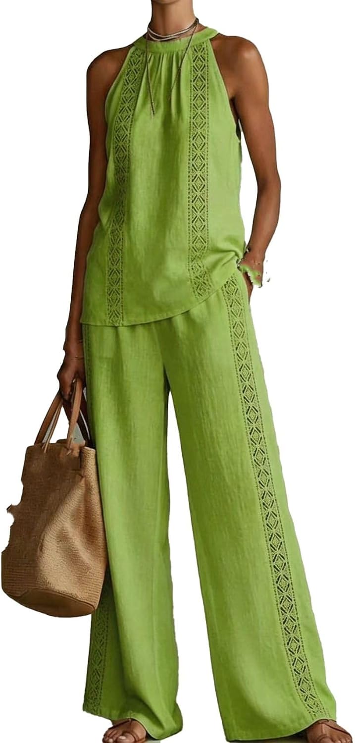 Women Hollow Lace Sleeveless Top Wide Leg Pants Vintage 2 Piece Set
