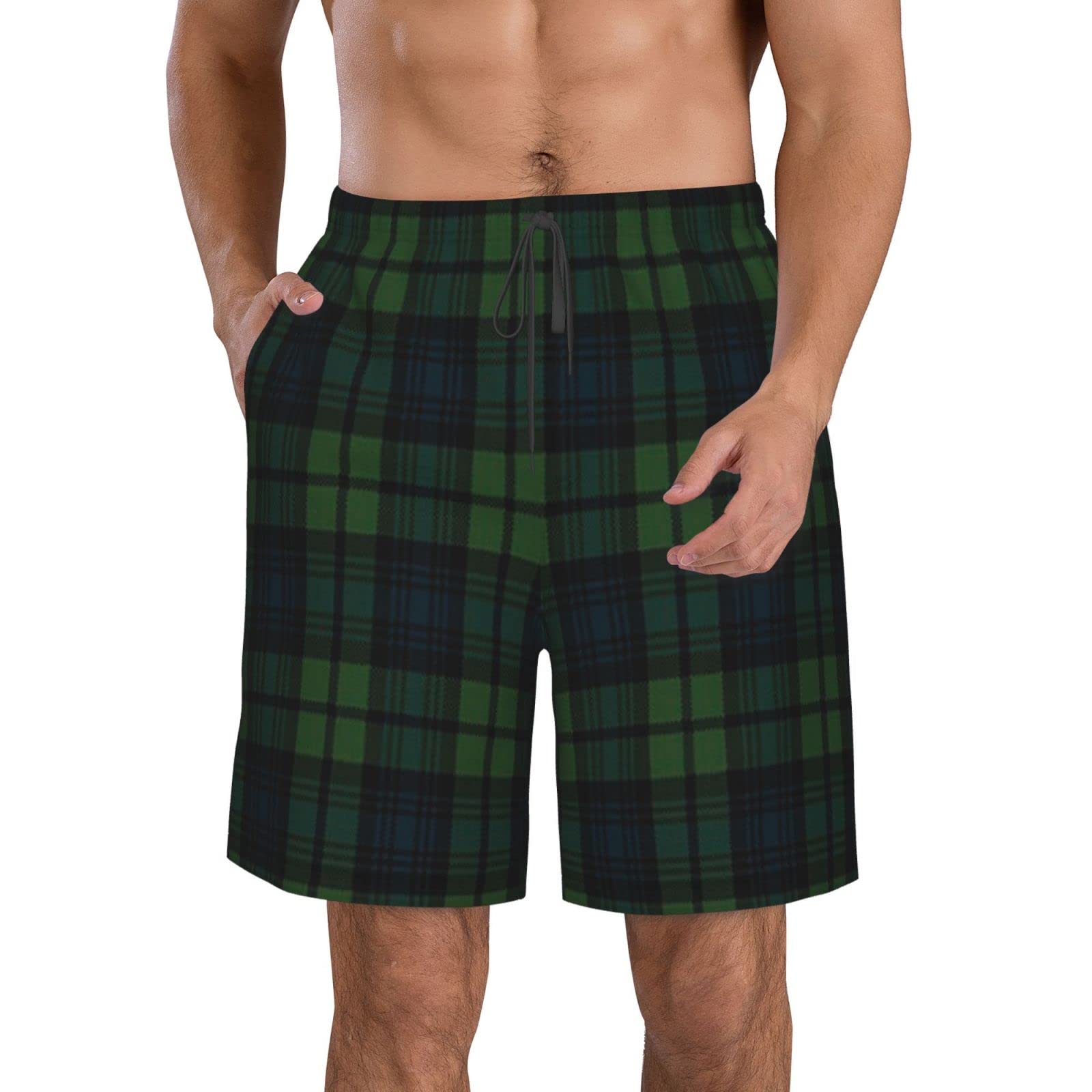 Lsjuee Scottish Tartan Plaid Green Men's Swim Trunks Beachwear Outdoor Quick Dry Retro Soft Washed Drawstring Board Short
