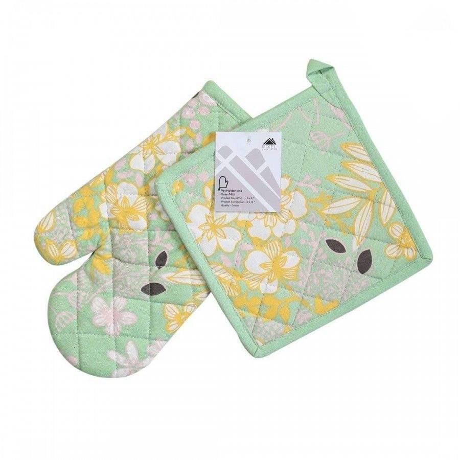 Avenn Cotton Oven Mitt and Pot Holder Set, Floral Print - Multicolor | Quilted Cotton Fabric, Hanging Loops, 30x15 cm Mitt, Machine Washable, 1 Glove & 1 Pot Holder-image-7