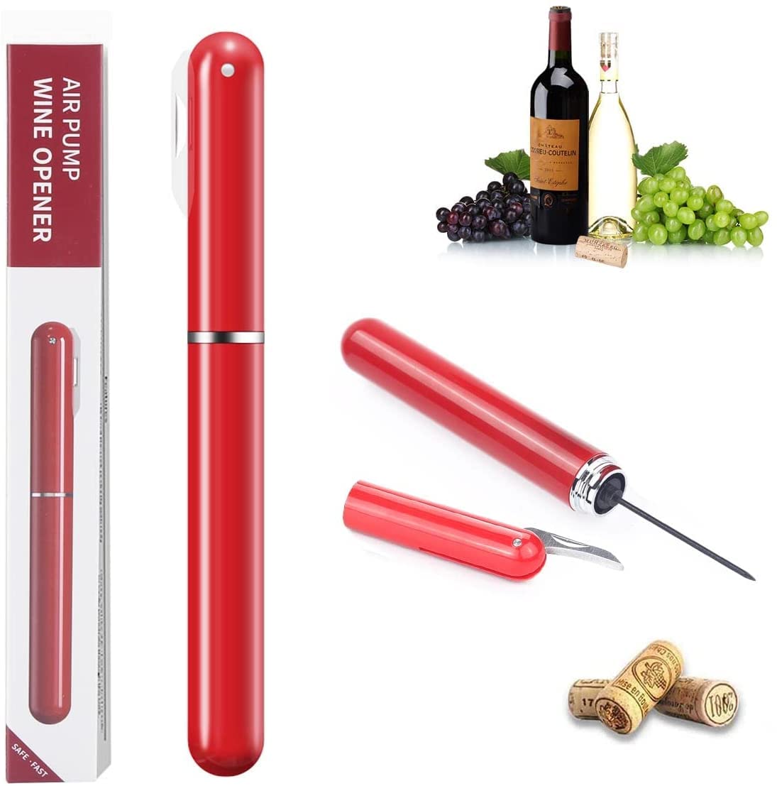 WholeFireWine Opener Upgrade 2 in 1 Air Pressure Wine Cork Remover Bottle Opener Corkscrew with Foil Cutter Knife Simple Operation Small Easy to Carry Suitable Home Used Party Travelling (Red)