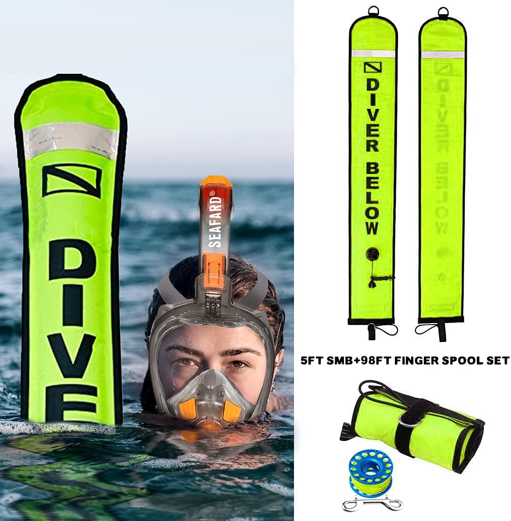 5ft Scuba Diving Open Bottom Surface Marker Buoy (SMB) with 98ft Finger Spool Alloy Dive Reel and Double Ended Bolt Clip