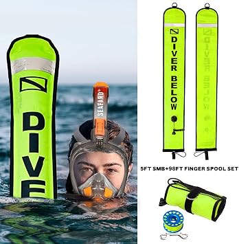 5ft Yellow Scuba Diving Open Bottom Surface Marker Buoy (SMB) with 98ft Finger Spool Alloy Dive Reel and Double Ended Bolt Clip Blue