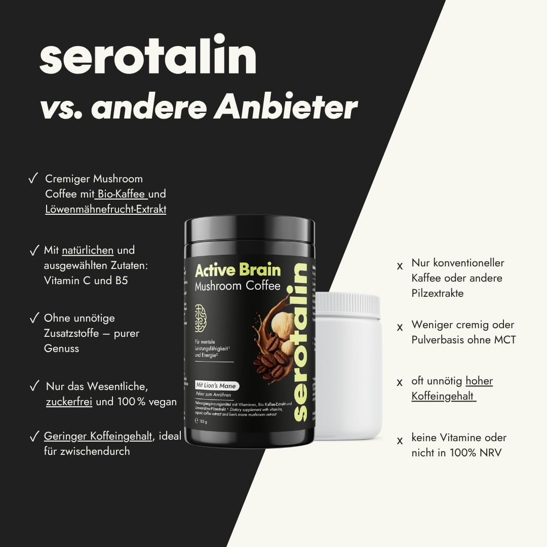 serotalin Mushroom Coffee | Bio Kaffee Alternative mit Lion’s Mane (Löwenmähne Fruchtkörperextrakt) & MCT-Pulver | Adaptogener Brain Coffee mit Kaffee-Extrakt für sanften Genuss