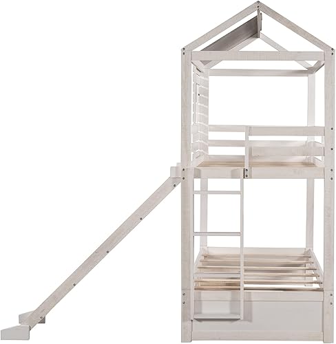 Miniatura 7 de MERITLINE Literas de casa con tobogán y almacenamiento litera individual sobre individual con cajones de almacenamiento litera individual de madera