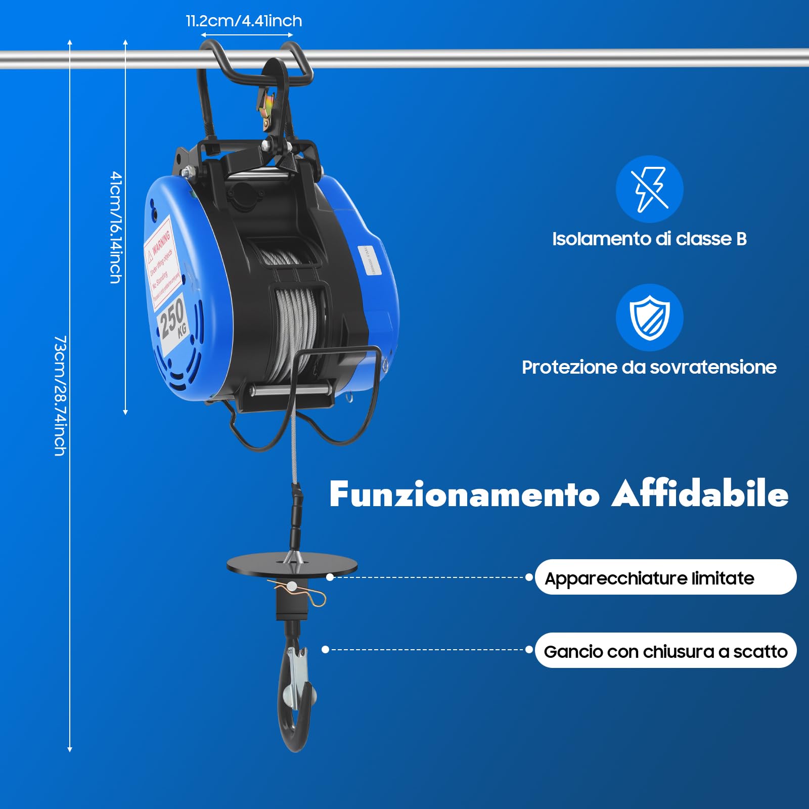 Paranco elettrico 1500 W, verricello elettrico, 30 m, 250 kg, per diversi dispositivi di sollevamento