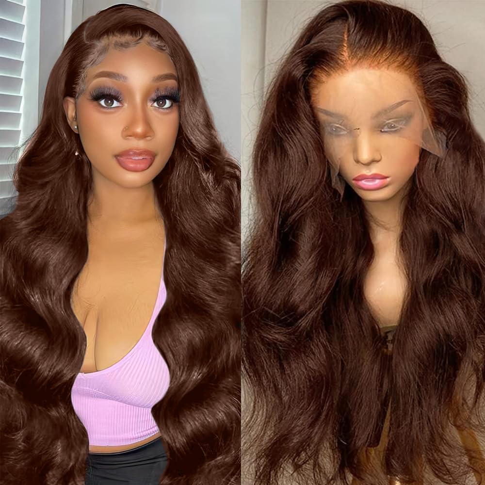13x6 Chocolate Brown Lace Front Wig Human Hair HD Transparent Body Wave Lace Front Wigs Human Hair Pre Plucked Glueless Frontal Brown Wig Human Hair