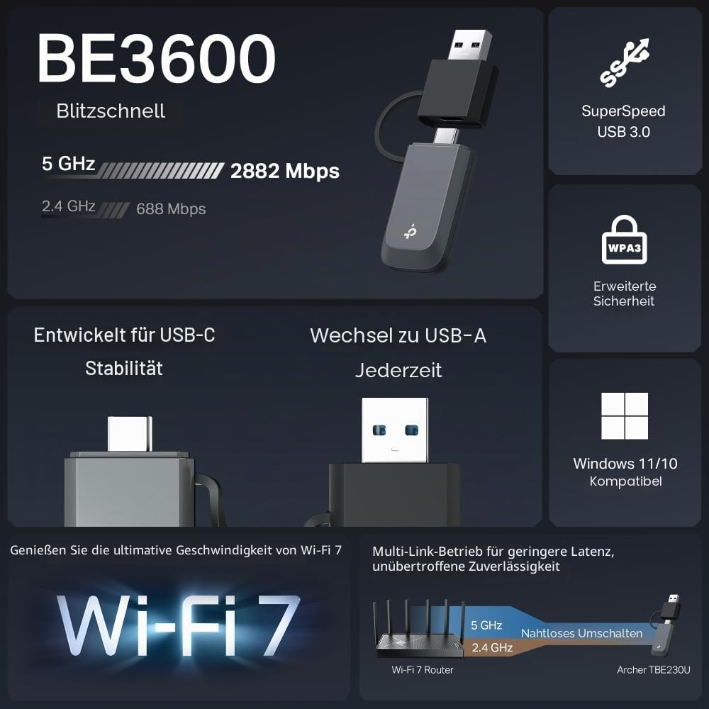 TP-Link Archer TBE230U Wi-Fi 7 WLAN Stick für PC, USB-C/A WLAN Adapter BE3600 Dual-Band, MU-MIMO, WPA3, USB 3.0, nur Kompatibel mit Windows 10/11