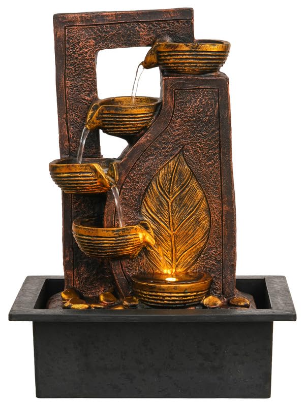 Image of Polyresin Table Top Brown 4 Diya Steps & Golden Leaf Design Indoor Waterfall Fountain for Home Decor with LED Lights & Speed Controller Pump (Size: 40 x 29.5 x 22CM | Weight: 2250grm)