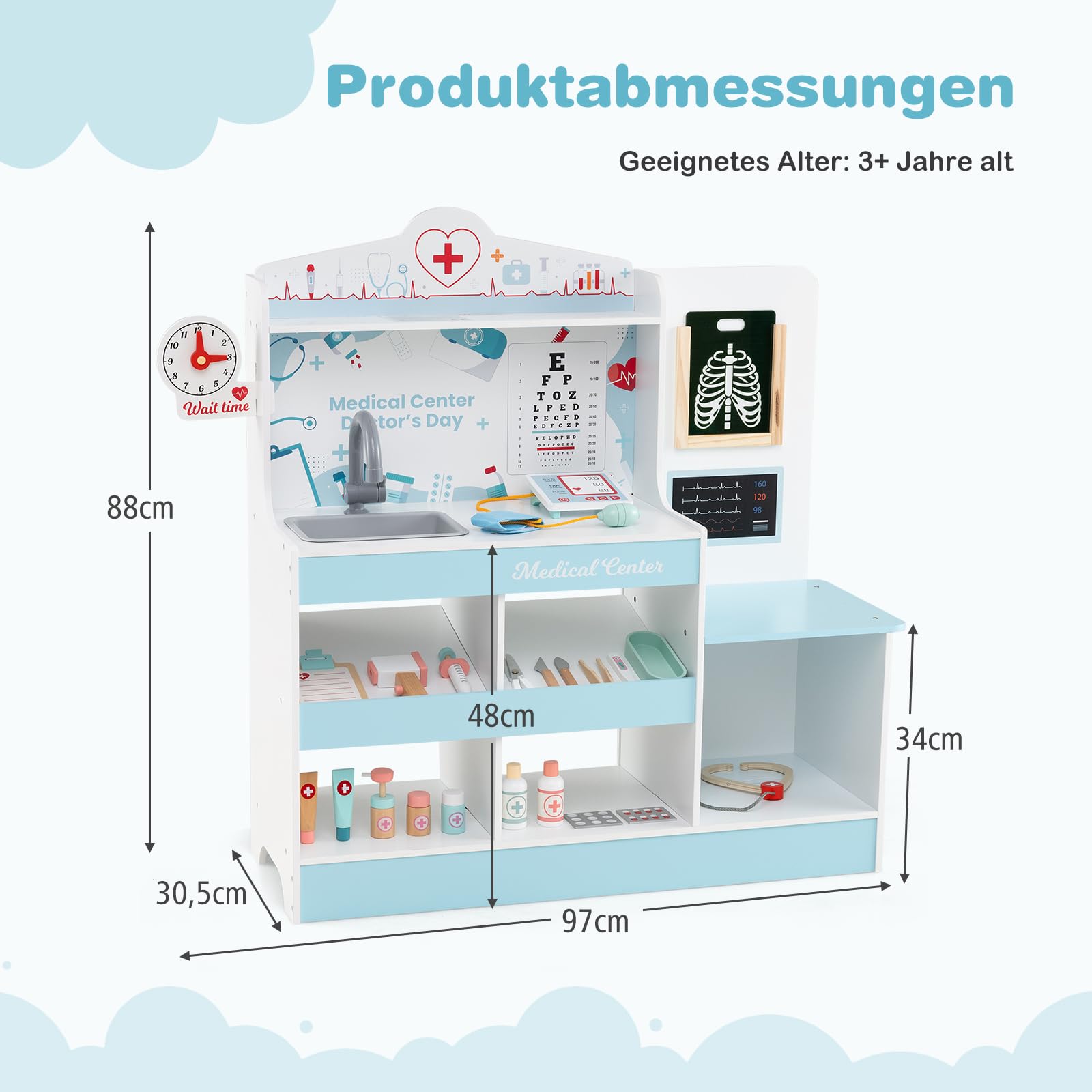 COSTWAY Krankenhaus Spielzeug, Doktor-Spielset Holz mit medizinischen Geräten & 24 Zubehör, inkl. Stethoskop & Blutdruckmessgerät & Spritze, Arzt-Rollenspiel für Kinder ab 3 Jahren (Blau)