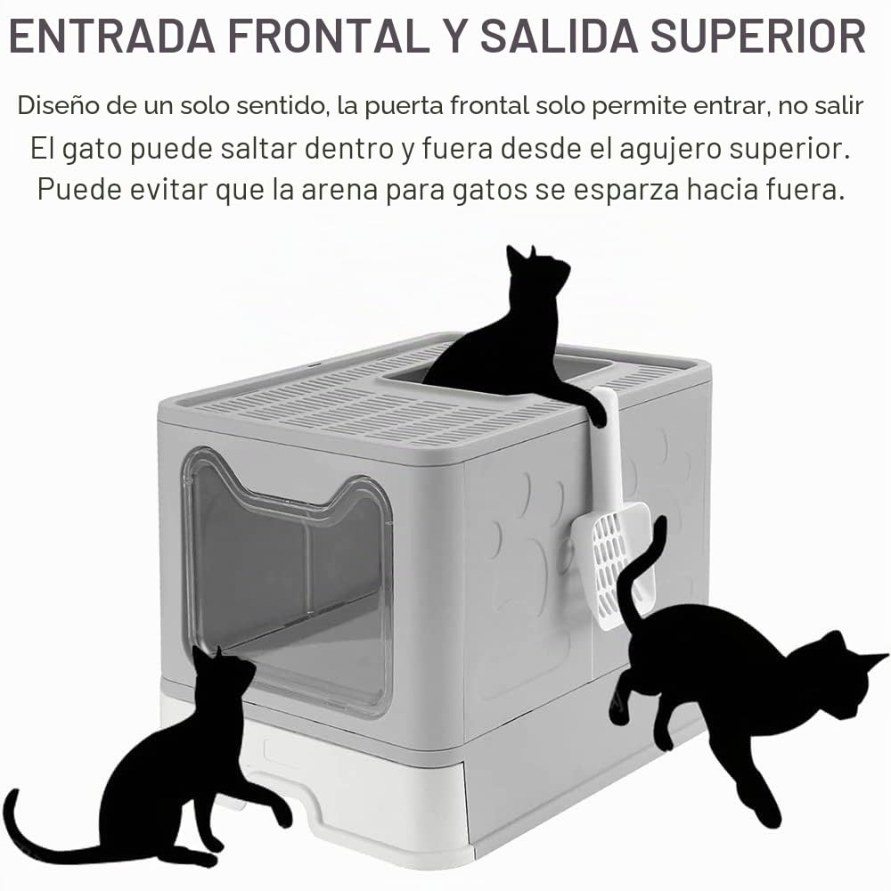 Arenero Gatos Cubierto Cajon: Arenero para Gatos Grande Cerrado Caja de Arena Plegable Cagadero Gato sin Olores con Pala y Filtro-51 * 41 * 38cm-Gris