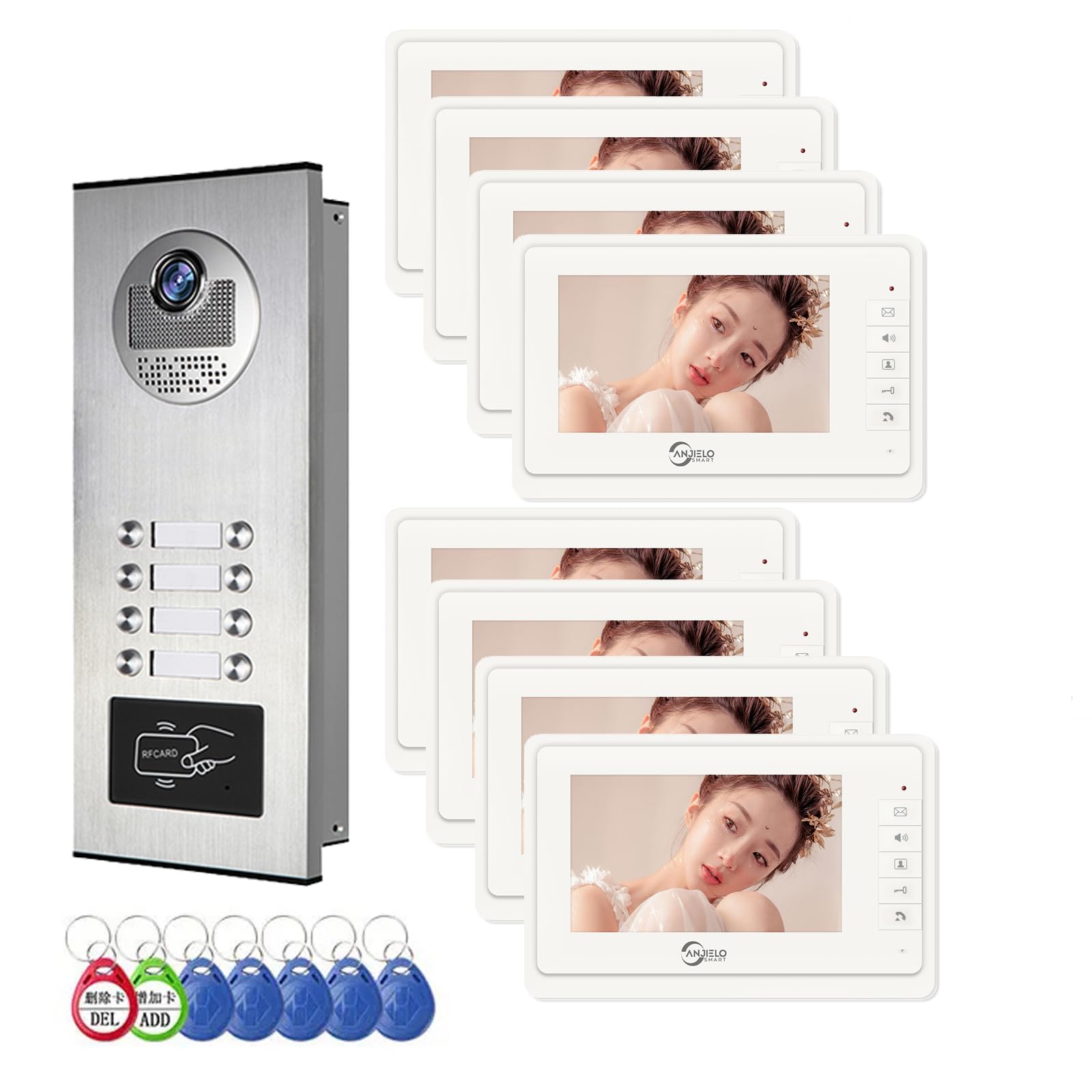 Système d'interphone vidéo filaire pour appartement, kit de visiophone avec 8 unités moniteur de 17,8 cm, sonnette vidéo intérieure et extérieure, déverrouillage par carte d'identité, audio