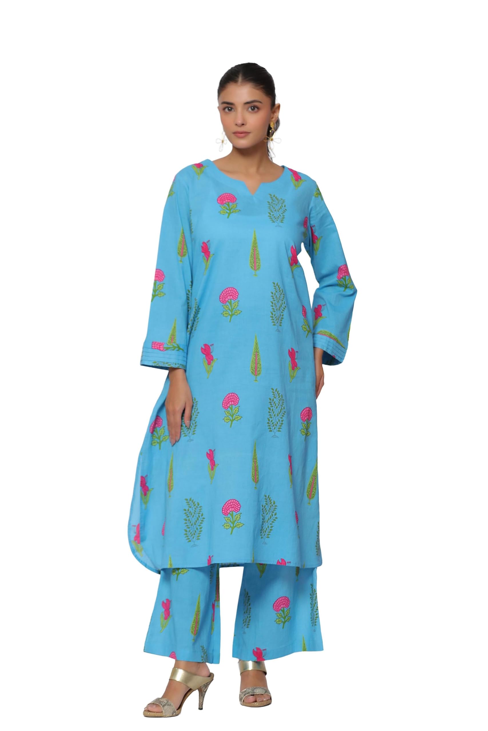 Pastel Blue Mughal Boota Cotton Co-ord Set for Women-image-4