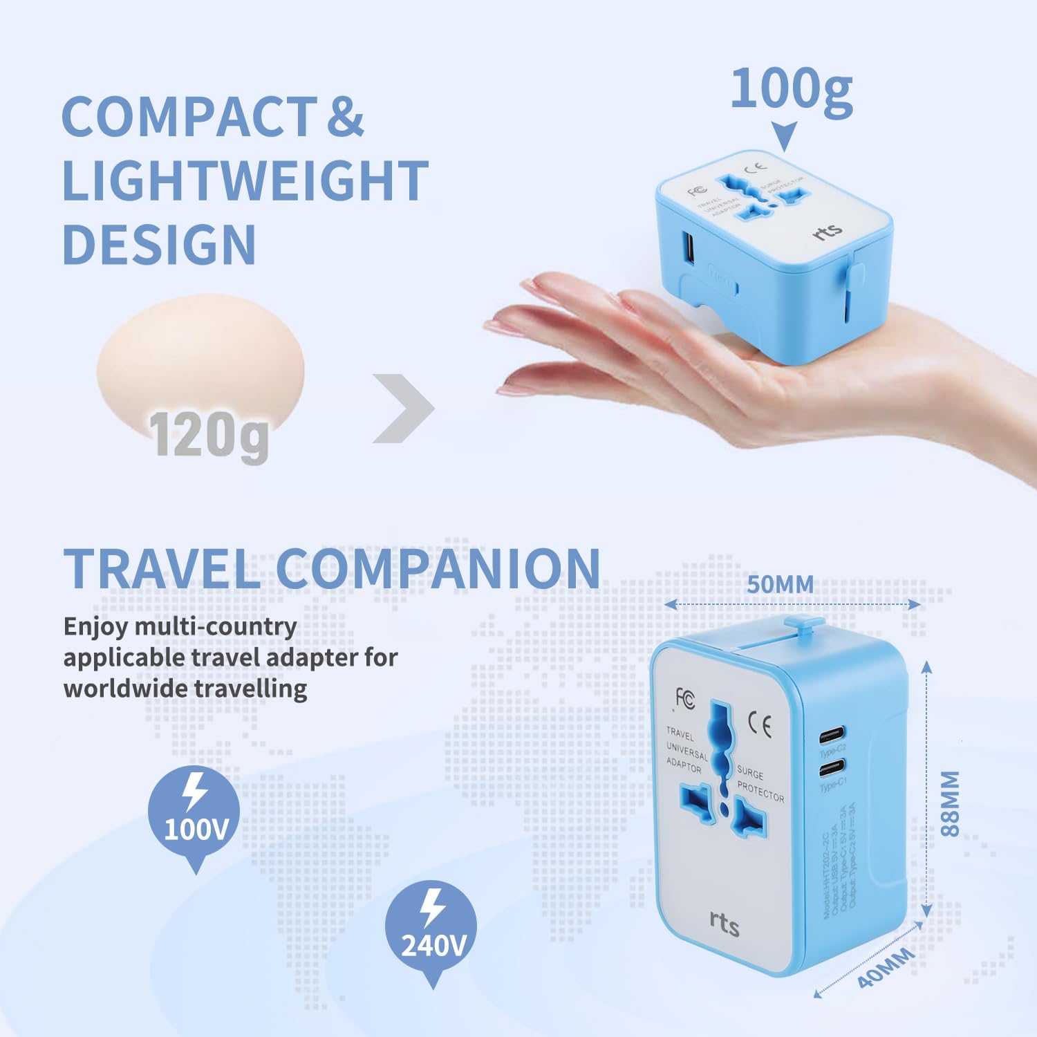 rts Universal Travel Adapter, (Dual Type C) 2 Type C 1 USB Plug International All in One Worldwide Travel Power Plug Adapter Suitable for 200+ Countries Wall Charger for USA EU UK AUS European — Amazon image 8