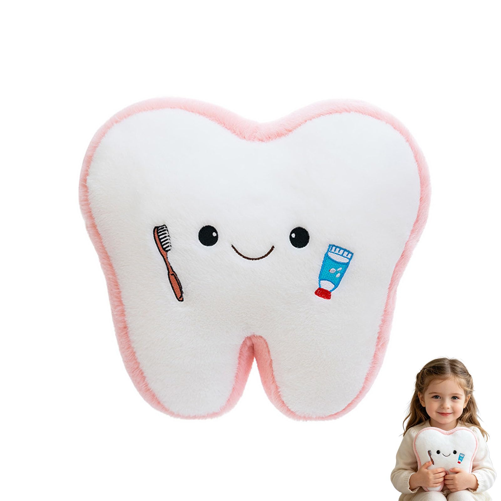 JORCEDI Cute Tooth Plush Pillow with Toothbrush & Toothpaste Embroidery, Soft Fluffy Stuffed Teeth Cuddly Toy for Kids Dental Education & Home Decor (40cm)