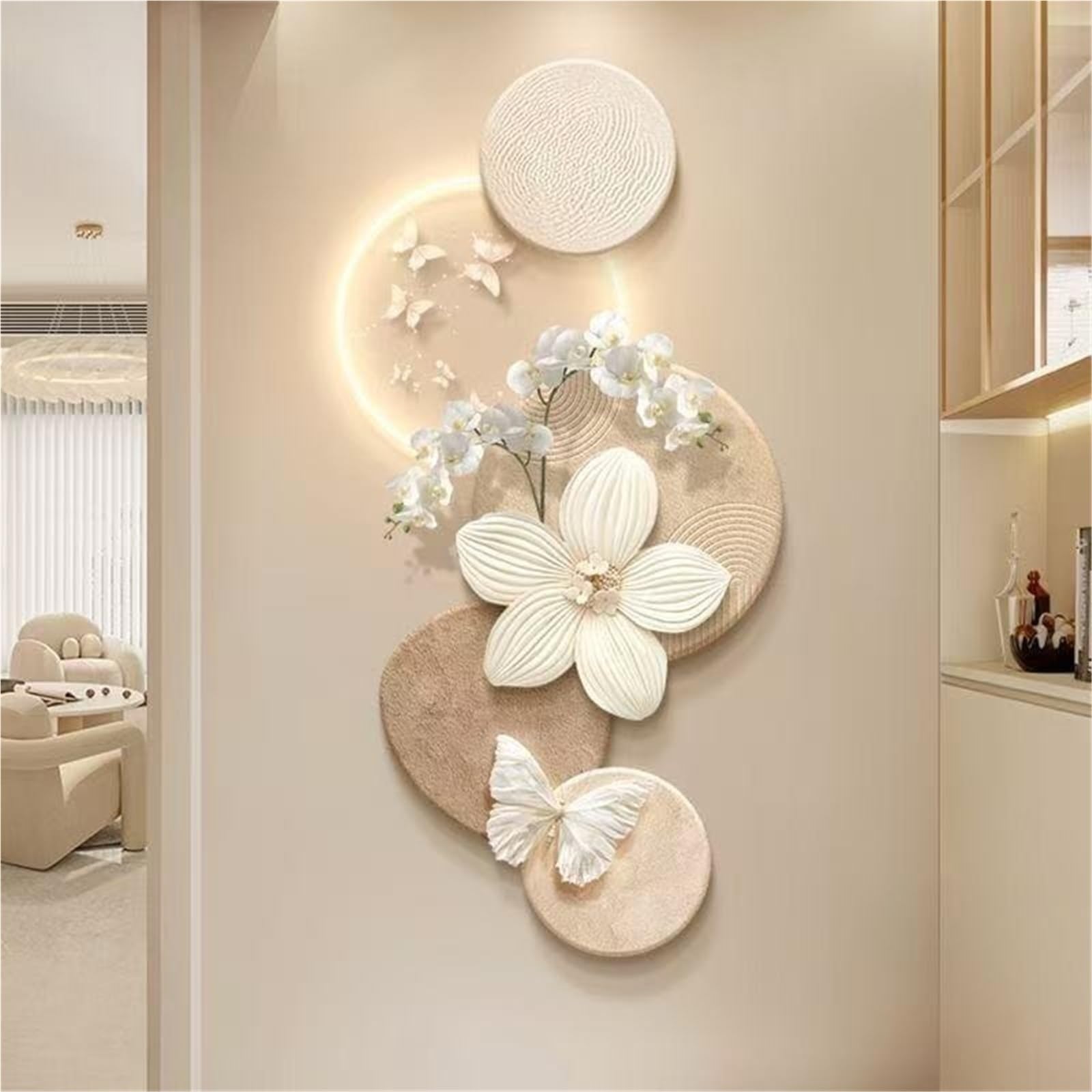 Cuadro Decorativo Floral con Luces LED, Fuente de alimentación enchufable, Mural de Porcelana cristalina para Sala de Estar, Dormitorio, Oficina y decoración del hogar (60 x 120 cm