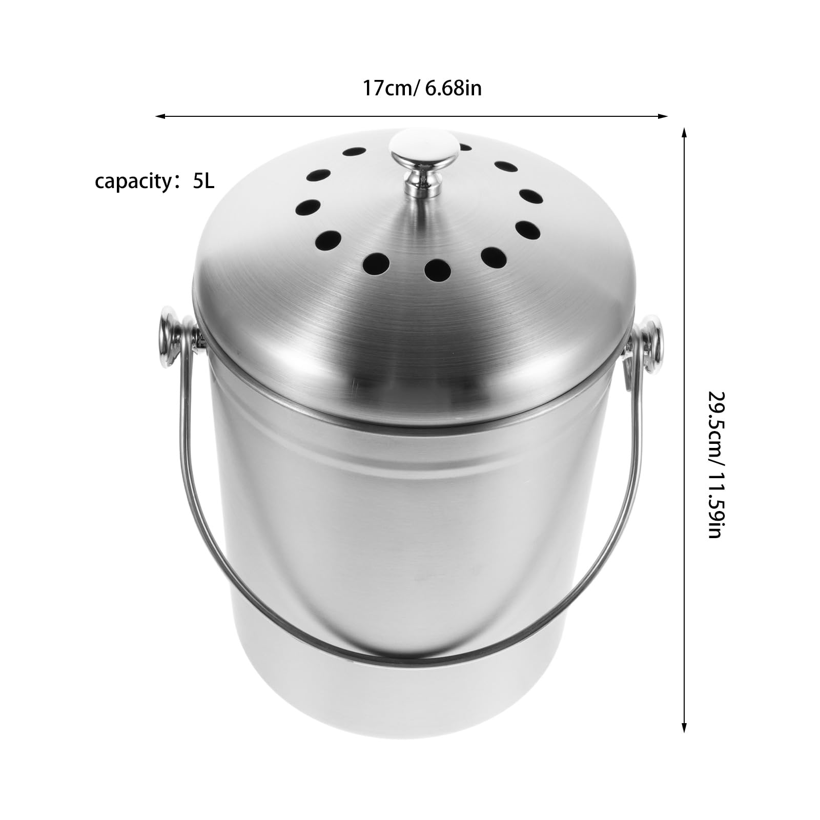 SHERCHPRY Edelstahl Kompostbehälter mit Deckel 5l für Küche Geruchsneutraler Biomülleimer mit Aktivkohlefilter und Platzsparendem Design für Arbeitsplatten
