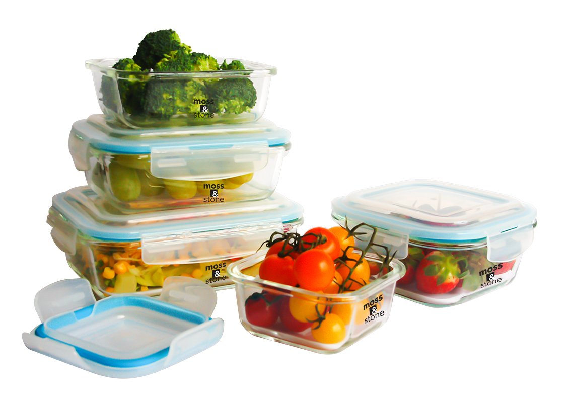 Moss & StoneKitchen Glass Food Storage Containers Set with Lids 10 Pcs. Snapware Transparent Lids Leak Proof, Oven, Freezer, Microwave & Dishwasher Safe, Airtight Meal Prep Container Glass BPA-Free