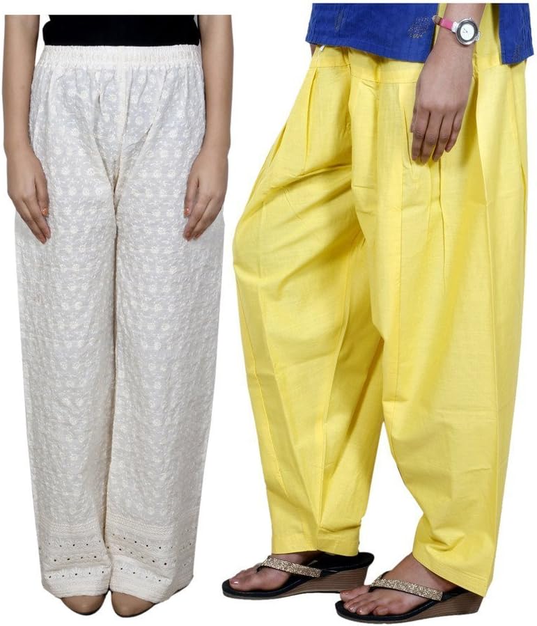 IndiWeaves Women Full Cotton Chikan Cream Palazzo with Cotton Yellow Seme- Patiala Salwar - Free Size (Pack of 1 Palazzo with 1 Patiala Salwar)
