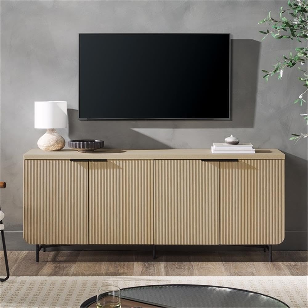 Pemberly Row 69" Scandinavian 4-Door Wood Sideboard, Oak/Black Finish, Fluted Doors, Adjustable Shelves, Durable MDF and Laminate, Media Unit, Sideboard or Storage Cabinet for Dining Room or Living
