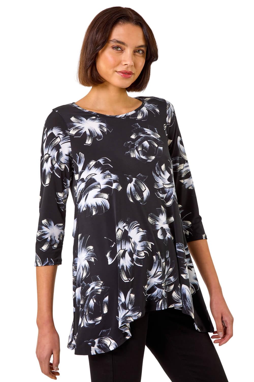 Roman Originals Women's Noir Hanky Hem Tunic Top For Uk - Longline Blouse Asymmetric Hemline Casual Slouch Loose 3/4 Sleeves Round Neck Relaxed Comfortable Holiday - Size 12