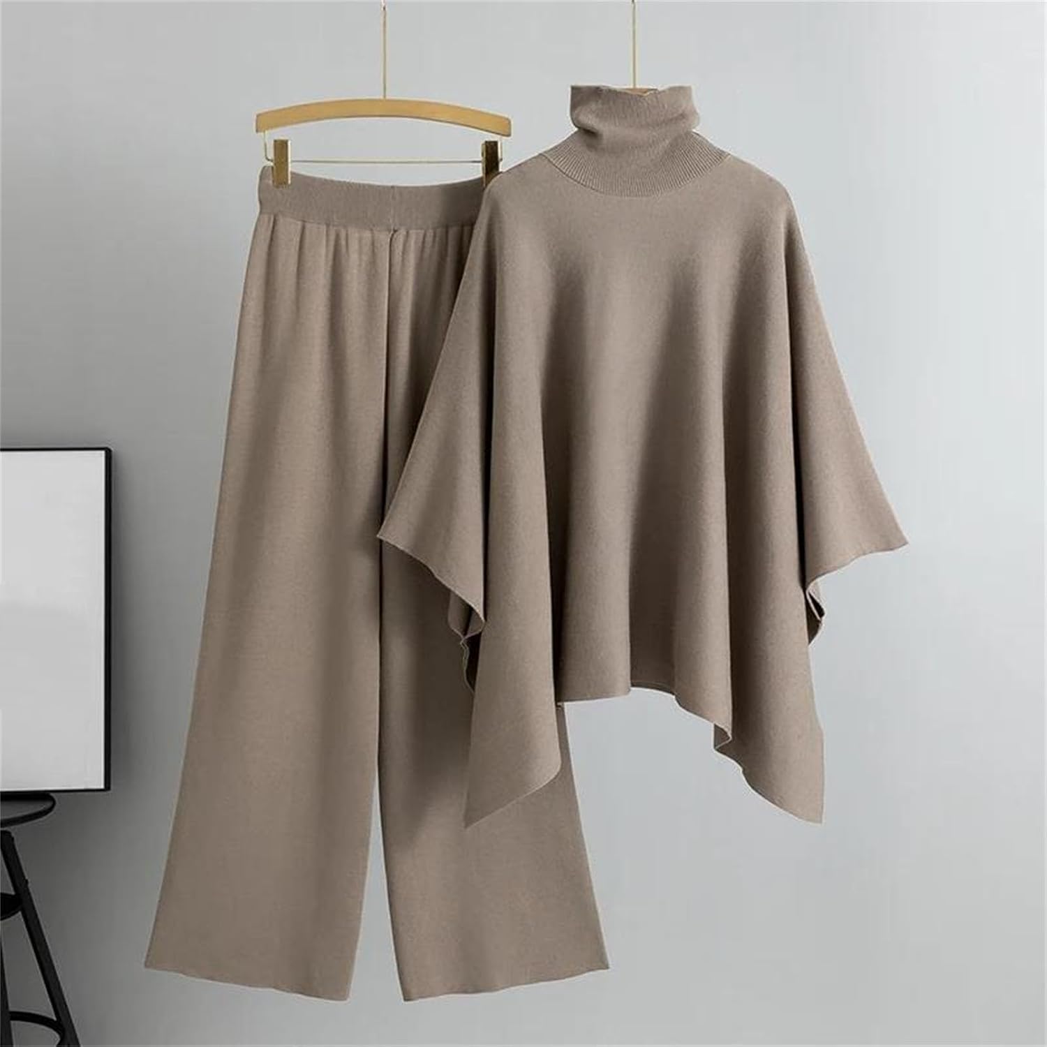 Women's High Street Loose Fit Turtleneck Batwing Sleeve Pullover with Sash and Wide Leg Pant Set