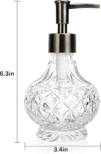 Vista 6 de Dispensador de jabón líquido de vidrio para baño, diseño de cristal transparente de 8.5 onzas, dispensador de jabón reutilizable vintage con bomba