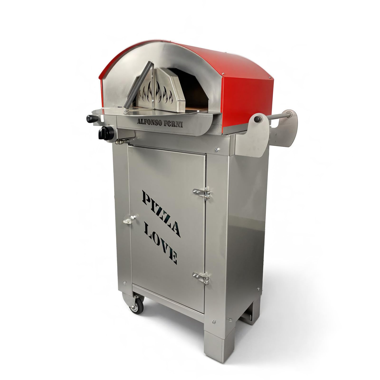 Forno pizza ibrido gas e/o legna da esterno Alfonsino – Forno pizza in acciaio inox AISI 304 con biscotto refrattario 40x40 cm, 500°C, cottura diretta a fiamma viva, Personalizzabile, con carrello