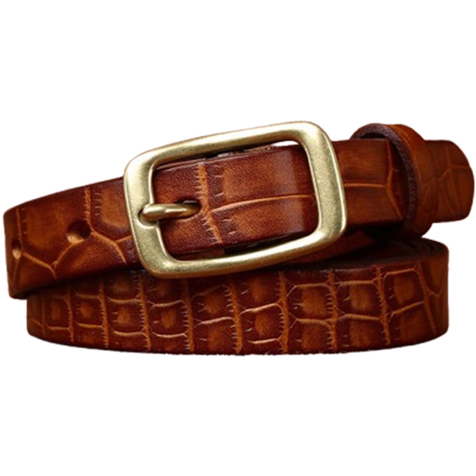 Genérico Mujer Cinturón Relieve Estampado De Cocodrilo Fino 1,8cm De Ancho Correa para Vestidos Y Pantalones Cinturones con Hebilla Cuadrada Dorada(110cm/43, Brown)