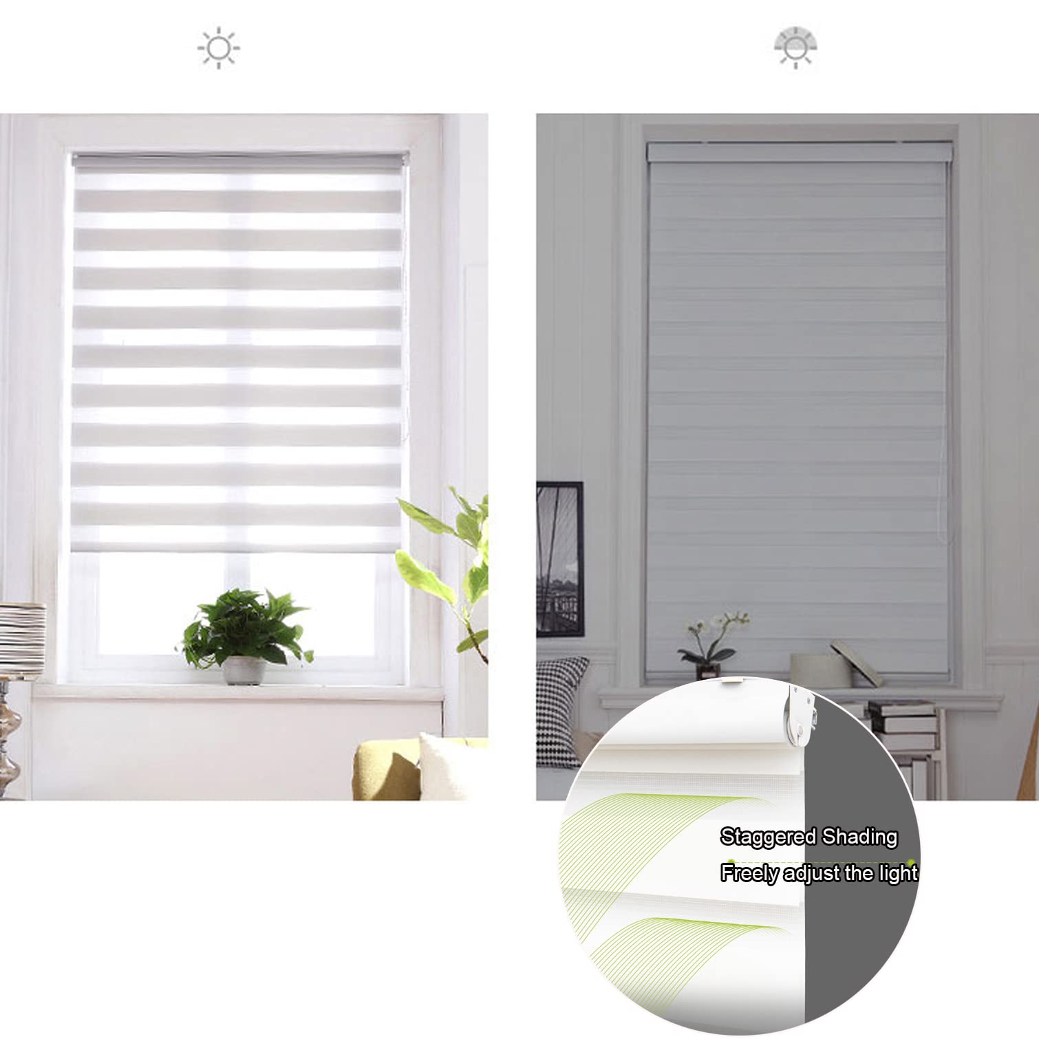 Store enrouleur double blanc – Motif jour et nuit Tissus occultants et translucides pour fenêtres et portes avec fixations incluses 100 x 200 cm / 39x79 in
