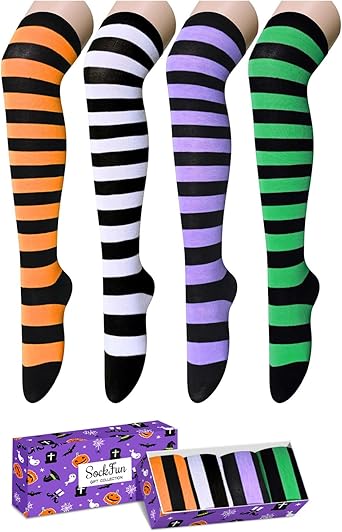Christmas Thigh High Socks - Halloween Striped Knee High Socks for Women & Teen Girls 4 pack