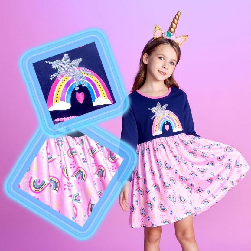 VIKITA Girls Dresses Pink Winter Clothes Sparkling Long Sleeve Outfits for Little Kids 2-12 Years Birthday Gifts3