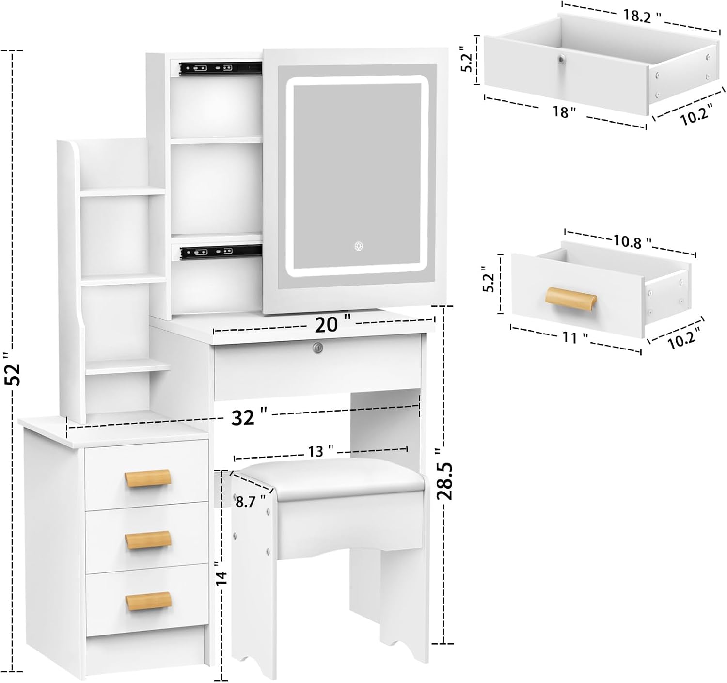 Makeup Vanity with Mirror and Light, High Capacity Vanity Desk with 4 Large Drawers and 6 Shelves - Dressing Table, Vanitys for Girls & Women 3 LED Lights Modes (with Light 3)