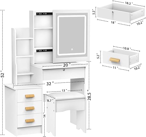 Miniatura 6 de Escritorio de tocador con espejo deslizante y luces, tocador para dormitorio, mesa de maquillaje con cajones y estantes, espacio de almacenamiento