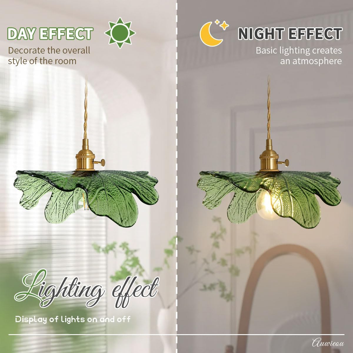 Green Glass Pendant Light Kitchen Flower Ceiling Light Fixture with Leaves Glass Shade, Mid Century Gold Hanging Light for Living Room Bedroom Dining Room, Set of 2