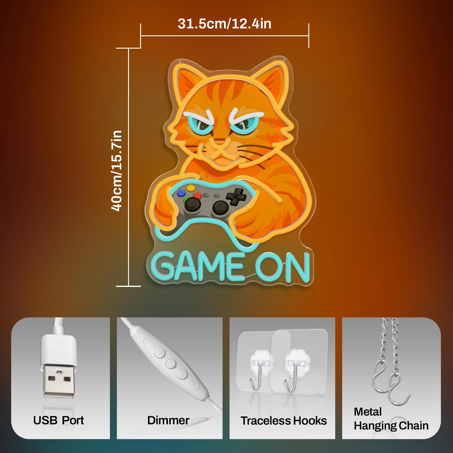 Insegne luminose del gatto, GAME ON Insegna al neon, Gatto con controller Insegne al neon a LED per sala giochi, Lampada da parete al neon USB per giocatori, regalo di gioco per giocatori