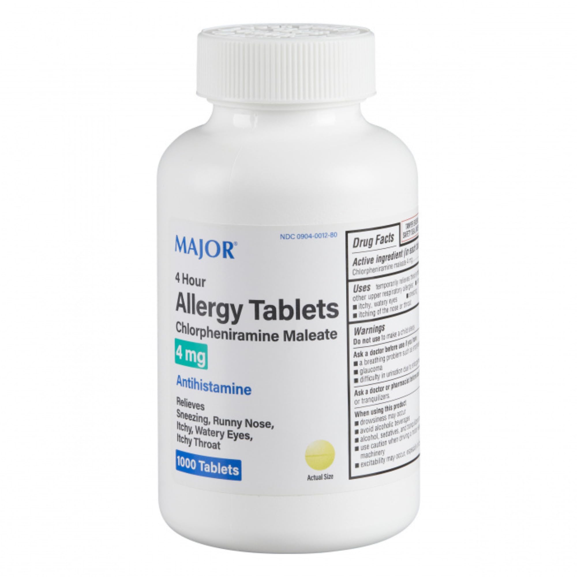 MAJOR 4 Hour Allergy Tablets - Chlorpheniramine Maleate - 4 mg - Antihistamine - 1000 Count