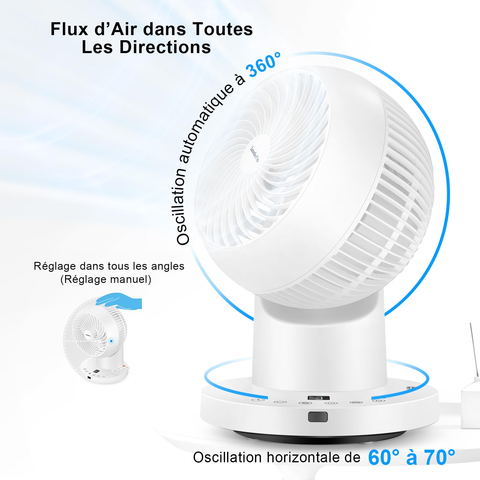 LeaderPro Ventilateur de Table avec Télécommande, 32 W, Ventilateur Silencieux avec 4 Vitesses, Minuterie 8 h, Oscillation à 70°, pour Bureau et Chambre à Coucher, Blanc, Débit d’Air 804 m³/h