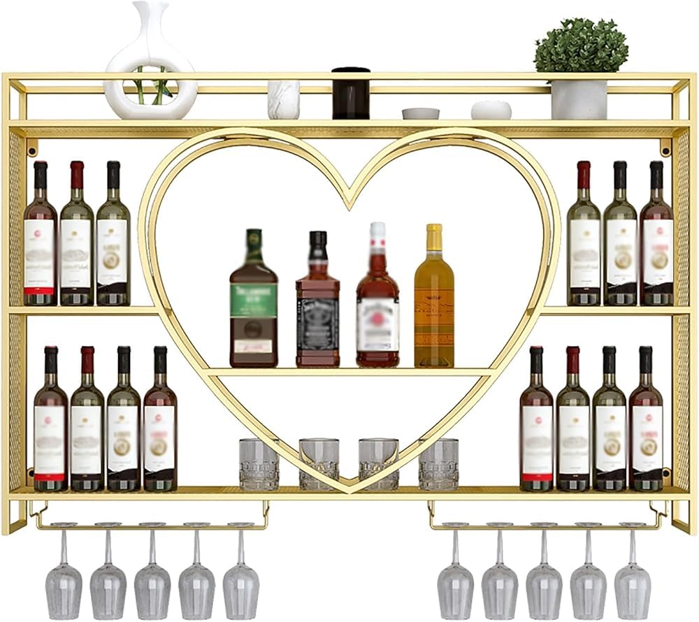 Étagère murale en métal avec éclairage LED et support pour verres à vin suspendus