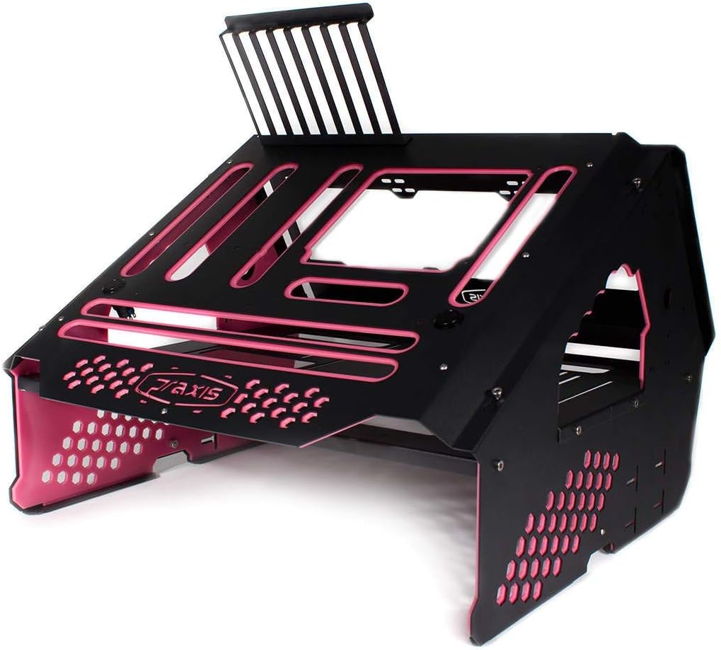 PrimoChill's Praxis Wetbench Powdercoated Steel Modular Open Air Computer Test Bench for Watercooling or Air Cooled Components - Black w/UV Red/Pink Accents