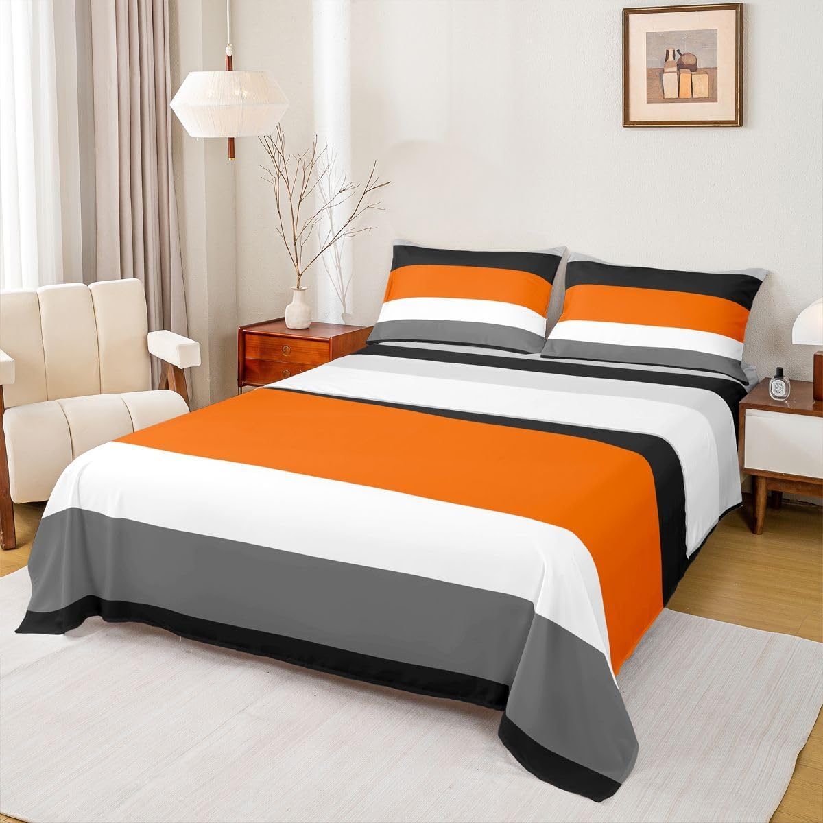 Erosebridal Orange Gray Black Bed Sheets Queen Patchwork Geometric Stripes Bedding Set Light Grey White Striped Sheet Set for Adults Men Women,Modern Simple Fitted Sheet + Flat Sheet + 2 Pillow Cases