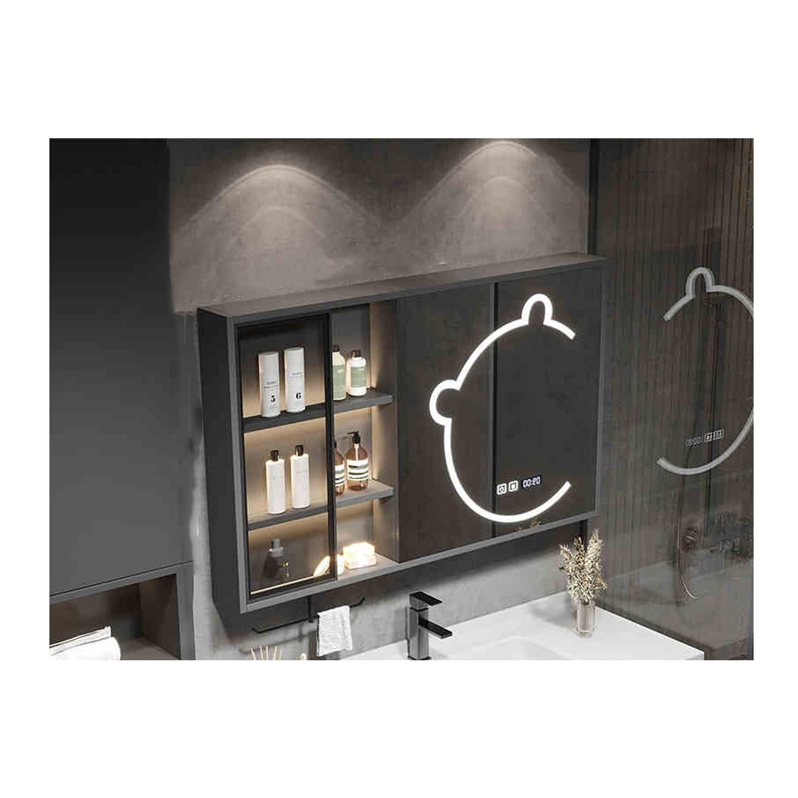 FLYIODFCXV bathroom mirror cabinet, With Mirror Door，High-Definition, One-Click Defog(Black,110cm/43.3in)