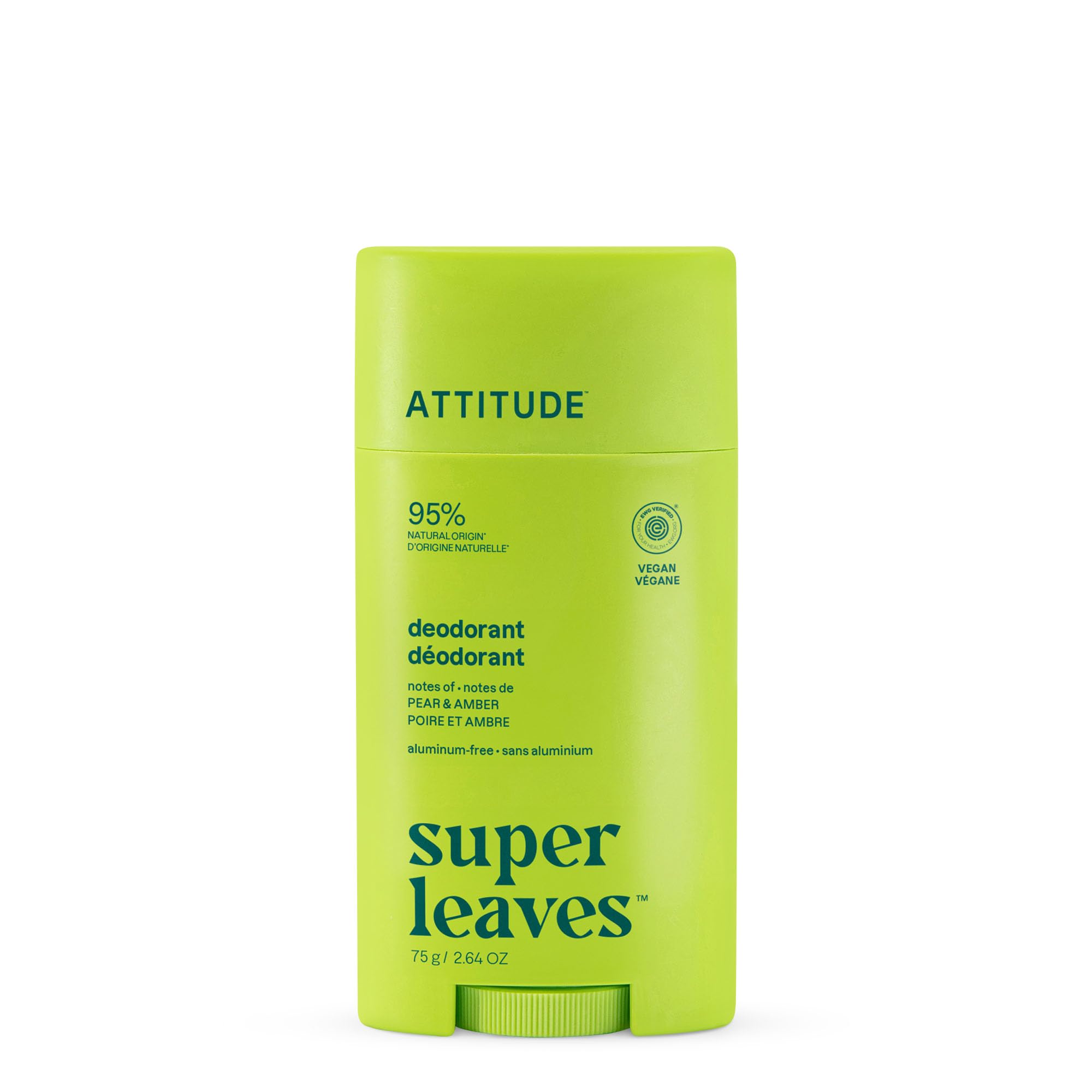 ATTITUDE Deodorante Senza Alluminio, Con Bicarbonato, Certificato EWG Verified, Vegano, Elimina i cattivi odori, Profumo Pera & Ambra, 75 g