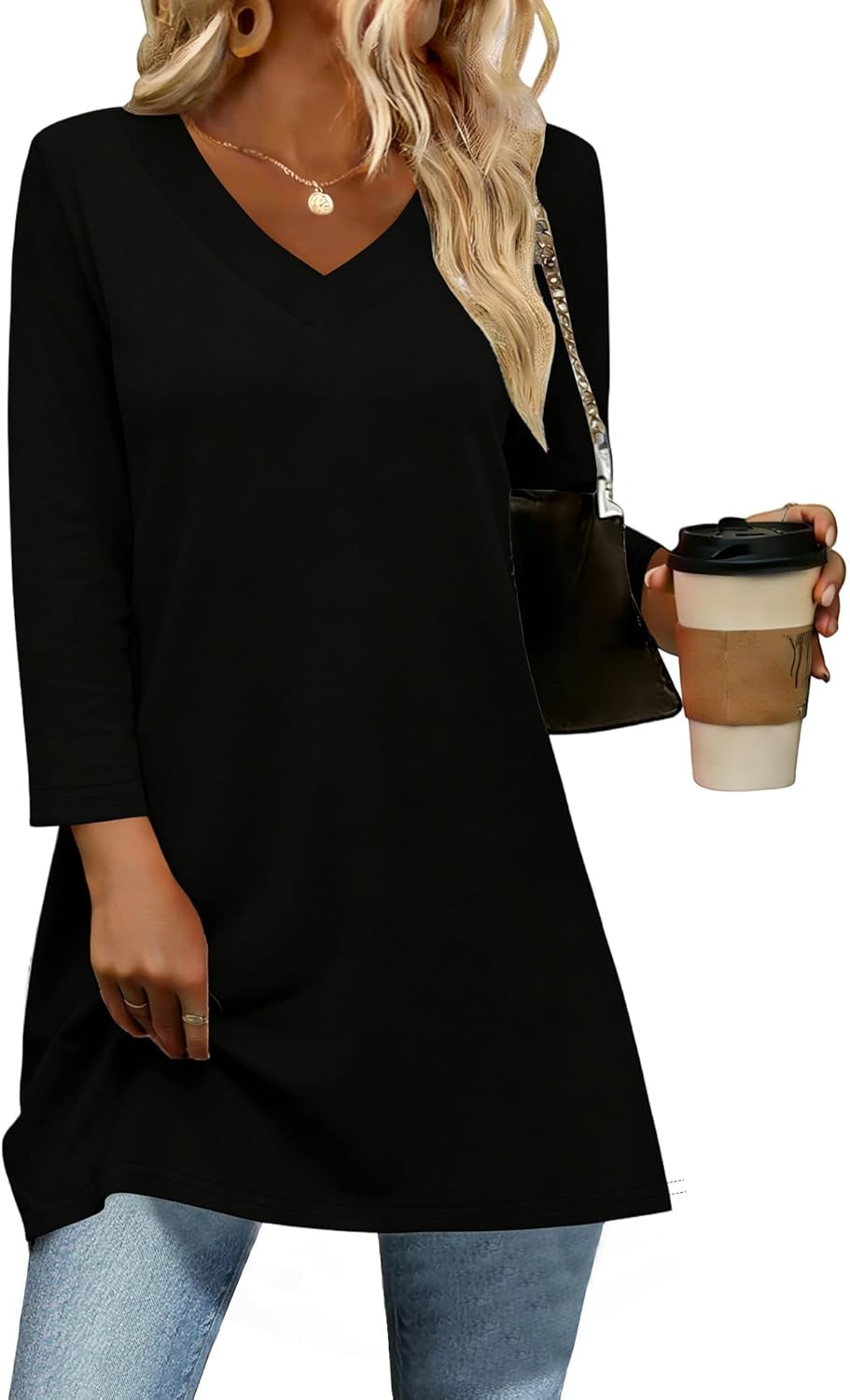 JomeDesign Womens Tops 3/4 Sleeve Shirts V Neck Summer Clothes 2026 Trendy Tee Black XL