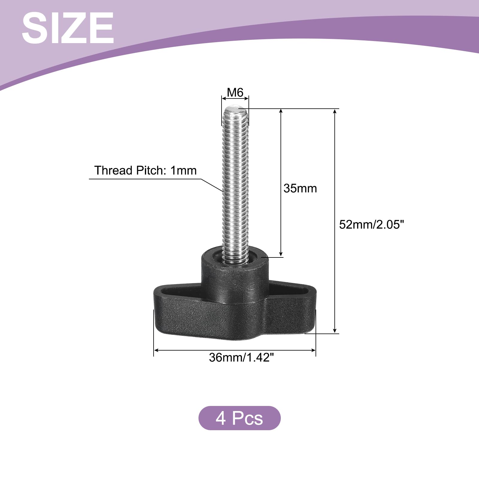 uxcell 4Pcs Tee Wing Knobs Thumb Screws, M6 x 35mm Clamping Screw Knob Male Thread 304 Stainless Steel T Shaped Thumb Screws Handle 36mm Dia. for Hand Tightening Knob Replacement, Black